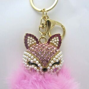 PINK RHINESTONE FOX POM POM KEYCHAIN
